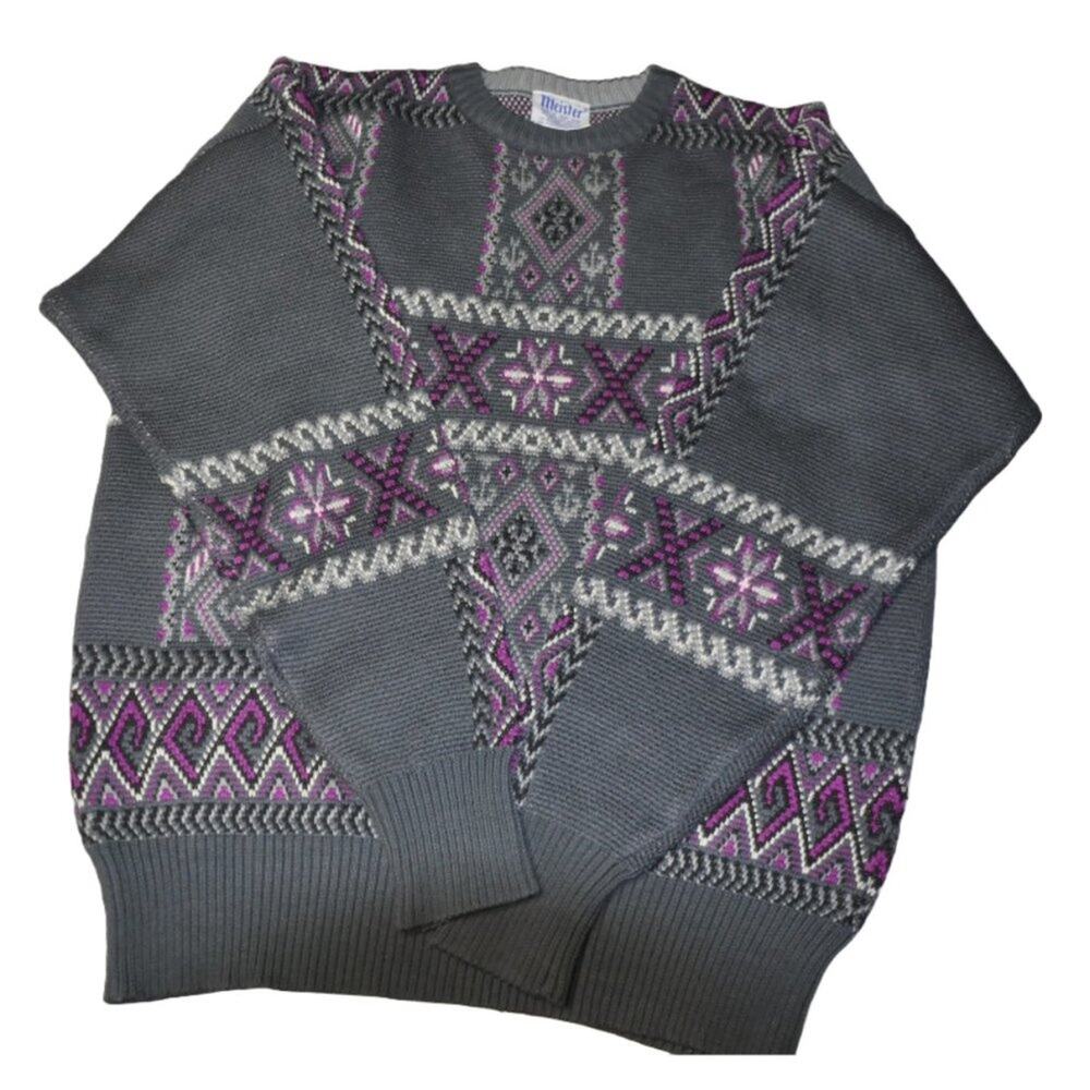 VTG Meister Purple Gray Wool Blend Crew Neck Ski Sweater SZ L